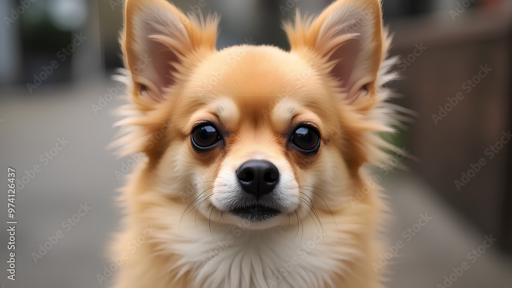 A golden long coat Chihuahua that lives for a long time Face seen from the front A golden long coat Chihuahua that lives for a long time Face seen from the front