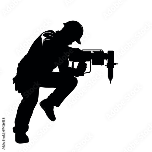 a worker holding drilling machine vector silhouette, isolated white background