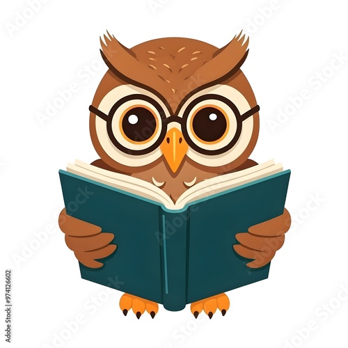 a vector logo of a cartoon owl reading a book wearing glasses, mascot, character, education, learning, wisdom, knowledge, library, study, cute, animal, bird, design, graphic, emblem, symbol, creative photo