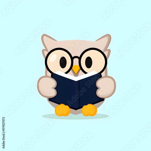 a vector logo of a cartoon owl reading a book wearing glasses, mascot, character, education, learning, wisdom, knowledge, library, study, cute, animal, bird, design, graphic, emblem, symbol, creative