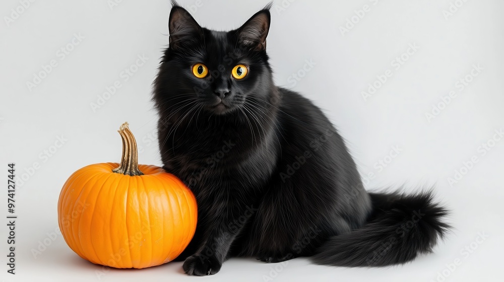 Long-haired black cat with pumpkin on a white background Long-haired black cat with pumpkin on a white background