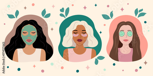 Beauty care. Woman face skin care. Everyday beauty routine, self love and self care concept. A set of a beautiful woman in the process of facial skin care. Eye patches, face mask