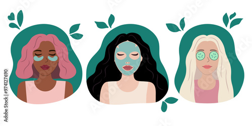 Beauty care. Woman face skin care. Everyday beauty routine, self love and self care concept. A set of a beautiful woman in the process of facial skin care. Eye patches, face mask