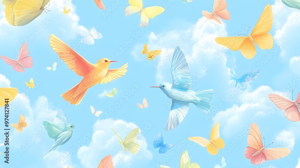 Obraz premium Colorful Butterflies and Birds Flying in a Blue Sky with Clouds