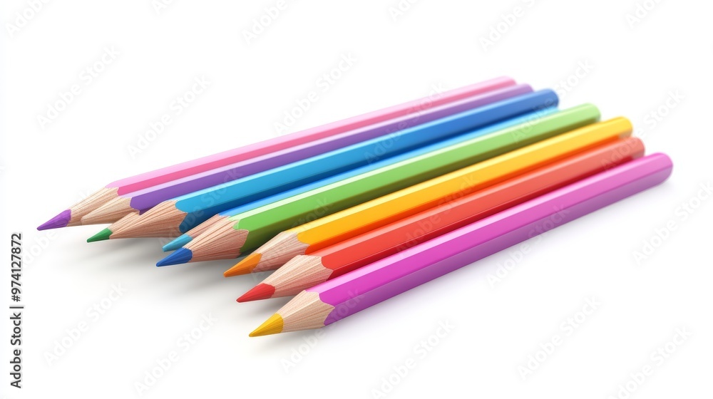 Spectrum of Creativity: A vibrant row of sharpened colored pencils stand ready to unleash artistic potential against a clean white backdrop. Spectrum of Creativity: A vibrant row of sharpened colored pencils stand ready to unleash artistic potential against a clean white backdrop.