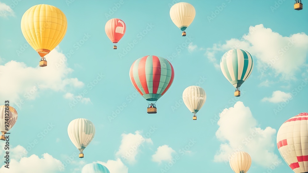 Naklejka premium Colorful Hot Air Balloons Floating in the Sky with Clouds