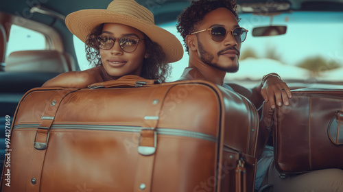 A happy Black couple is packing their luggage in stylish car, ready for an adventure. Their excitement is palpable as they prepare for their journey together photo