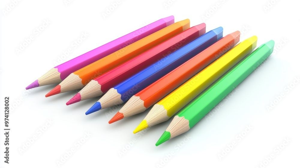 Spectrum of Creativity: A vibrant row of sharpened colored pencils stand ready to unleash artistic potential against a clean white backdrop. Spectrum of Creativity: A vibrant row of sharpened colored pencils stand ready to unleash artistic potential against a clean white backdrop.