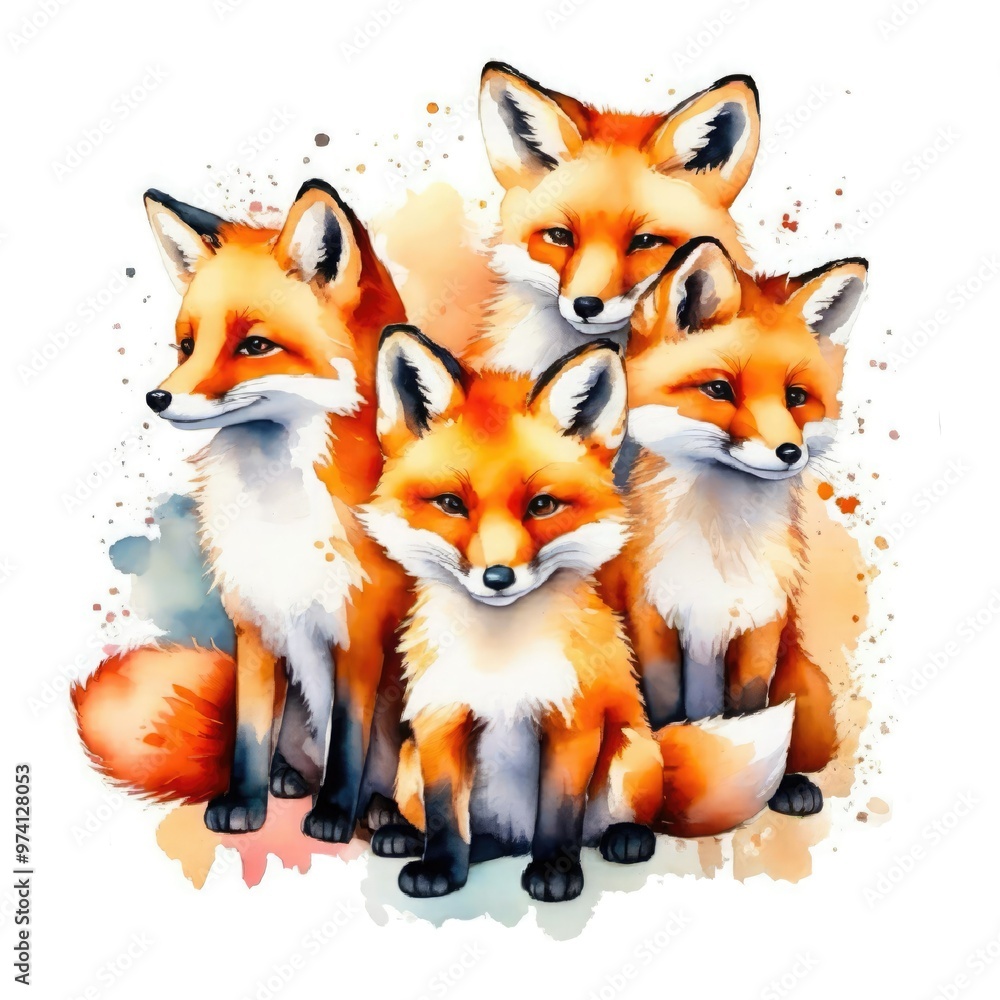Fototapeta premium Four colorful foxes standing together on a splattered background showcasing their vibrant fur in bright orange and white hues
