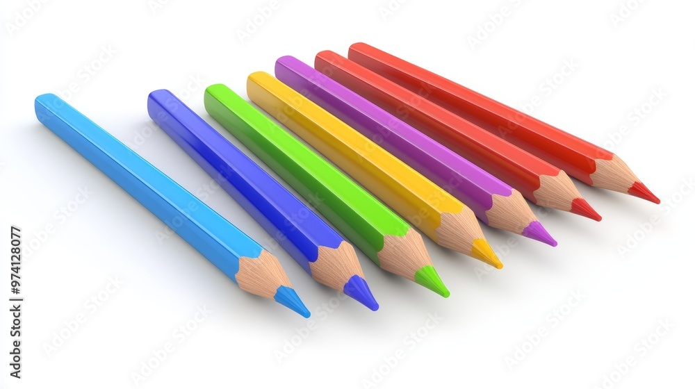 Spectrum of Creativity: A vibrant row of sharpened colored pencils stand ready to unleash artistic potential against a clean white backdrop. Spectrum of Creativity: A vibrant row of sharpened colored pencils stand ready to unleash artistic potential against a clean white backdrop.