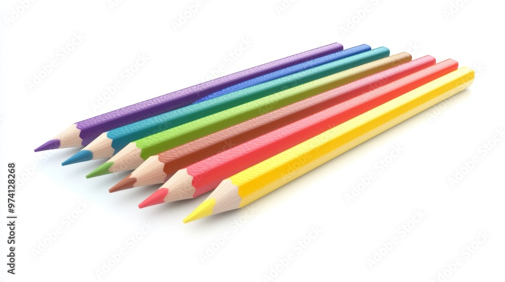 Spectrum of Creativity: A vibrant row of sharpened colored pencils stand ready to unleash artistic potential against a clean white backdrop. Spectrum of Creativity: A vibrant row of sharpened colored pencils stand ready to unleash artistic potential against a clean white backdrop.