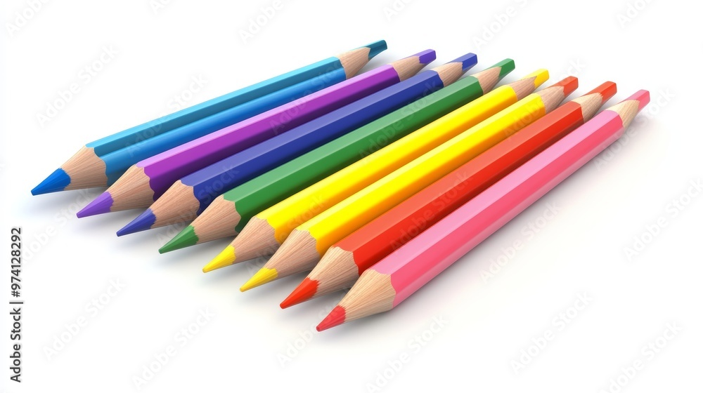 Spectrum of Creativity: A vibrant row of sharpened colored pencils stand ready to unleash artistic potential against a clean white backdrop. Spectrum of Creativity: A vibrant row of sharpened colored pencils stand ready to unleash artistic potential against a clean white backdrop.