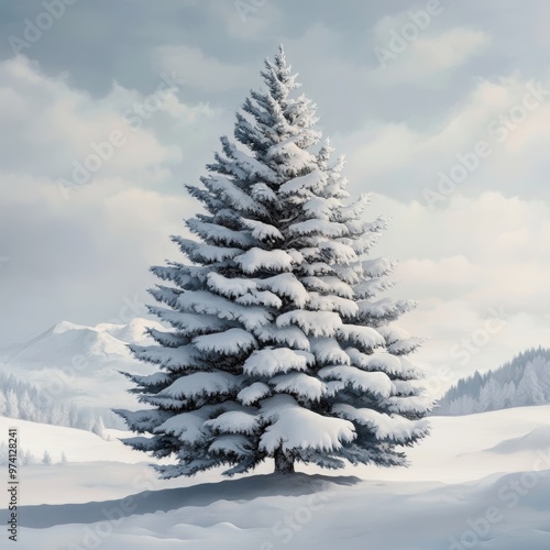 Snow-covered pine tree in serene winter mountain landscape