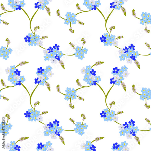 Seamless Floral Pattern with Blue and White Forget Me Nots on a White Background vector illustration for wallpaper,bedding, textiles, fabric and designer packaging.