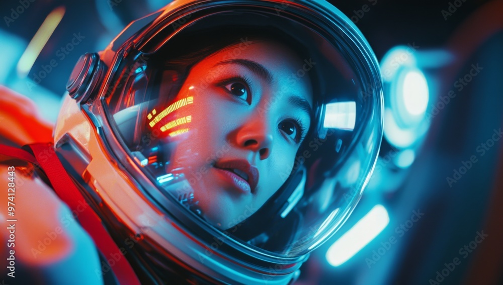 Close-up photo of asian woman astronaut in space suit, looking out the window with excitement and wonder at new worlds to explore Close-up photo of asian woman astronaut in space suit, looking out the window with excitement and wonder at new worlds to explore