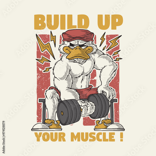 retro cartoon emblem of muscular duck holding dumbbells photo