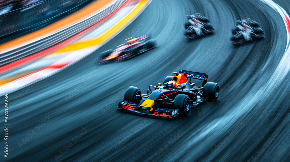 Fototapeta premium Formula One race in action, with multiple cars competing on a sharp curve, with motion blur emphasizing speed and intensity.