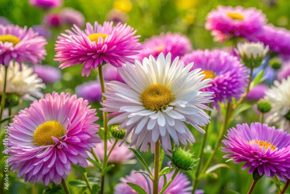 Delicate, daisy-like aster flowers with soft, feathery petals in shades of pink, white, and lavender bloom amidst lush Delicate, daisy-like aster flowers with soft, feathery petals in shades of pink, white, and lavender bloom amidst lush