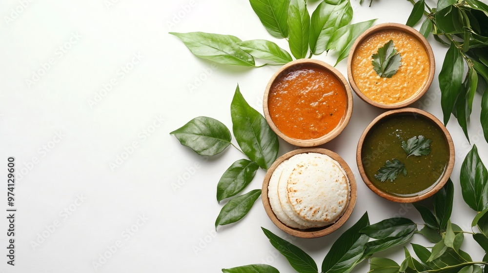 Flat lay with various sauces in wooden bowls, green leaves and white bread on white background. Flat lay with various sauces in wooden bowls, green leaves and white bread on white background.