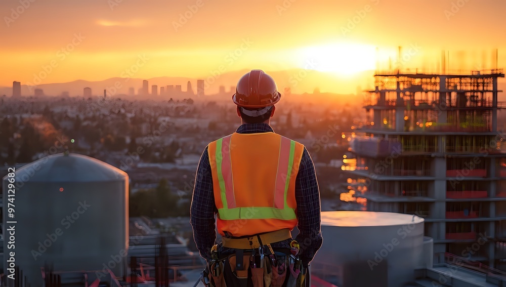 Construction worker in hardhat and safety vest overlooking a cityscape at sunset. Construction worker in hardhat and safety vest overlooking a cityscape at sunset.