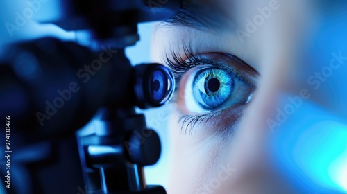 Ophtalmologist visit with close up eye photo healthcare and sight health futuristic optics advertising