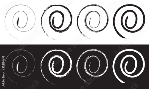 Spiral abstract circle, swirl brush stroke hypnosis psychedelic shape, geometric textured form. Grunge irregular free hand doodle meander.  Isolated on black and white background. Vector Illustration.