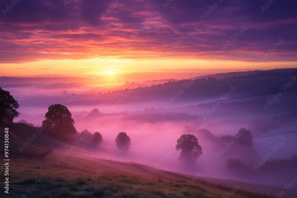 Fototapeta premium Serene Sunrise Over Misty Hills