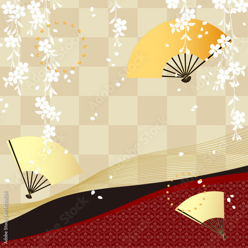 和風デザイン　金　赤　扇子　桜　花　フレーム　バナー　コピースペース