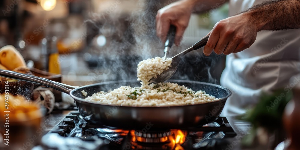 Fototapeta premium A chef skillfully stirring risotto in a pan, steam rising, showcasing the art of cooking in a cozy kitchen setting.