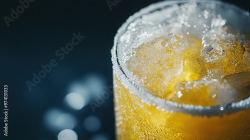 Frosted Beverage Delight, a refreshing iced drink adorned with a frosty glass exterior, perfect for showcasing branding or enticing descriptions in the center.