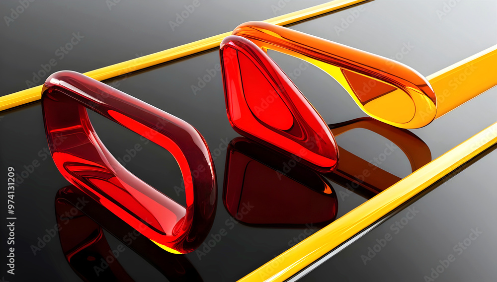 Abstract elegant background, artistic shapes made of glass, red, yellow orange template, modern shiny wallpaper, copy space area