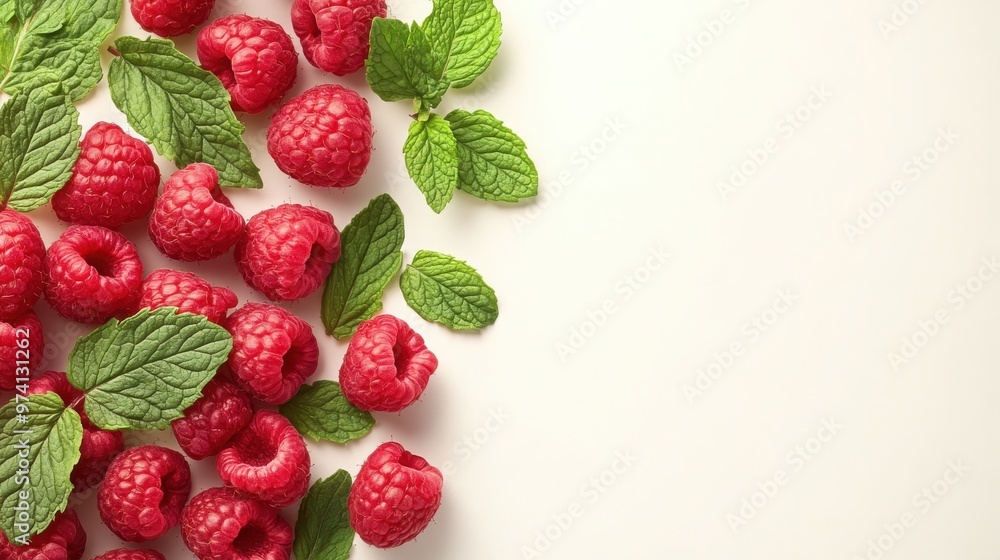 Vibrant Raspberry and Mint Delight, a lively arrangement of fresh raspberries and mint leaves, exuding sweetness and refreshment, ideal for showcasing text or branding. Vibrant Raspberry and Mint Delight, a lively arrangement of fresh raspberries and mint leaves, exuding sweetness and refreshment, ideal for showcasing text or branding.
