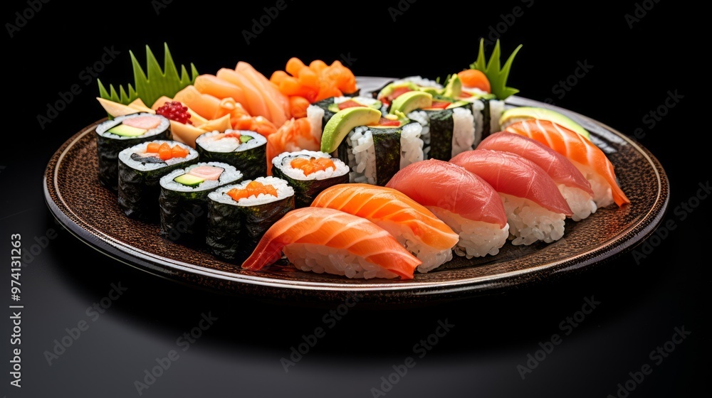 Big colorful sushi set on black background. Neural network ai generated art Big colorful sushi set on black background. Neural network ai generated art