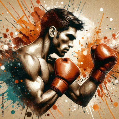 Dynamic boxer artwork with vibrant colors and powerful energy splashes