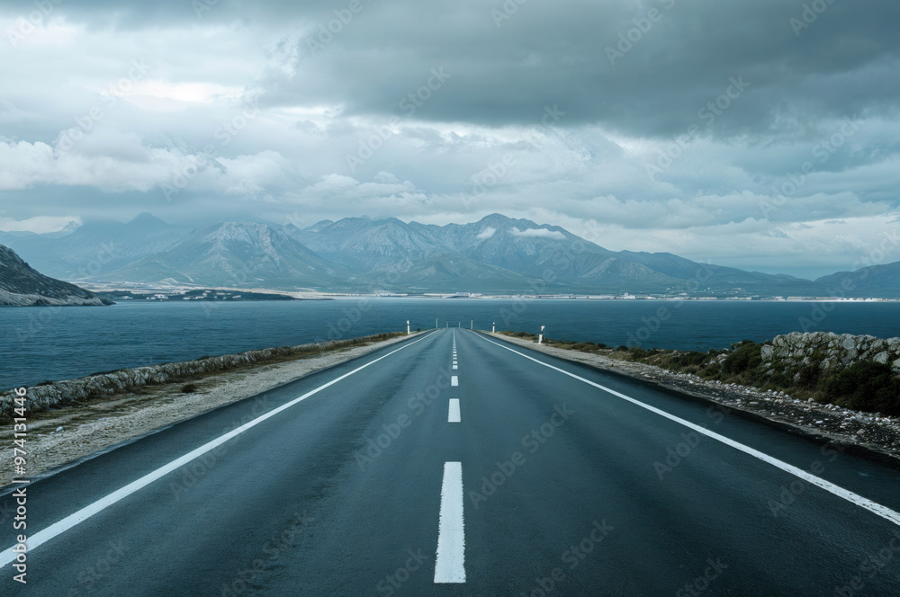 Empty asphalt road leading to the mountains by the sea Empty asphalt road leading to the mountains by the sea
