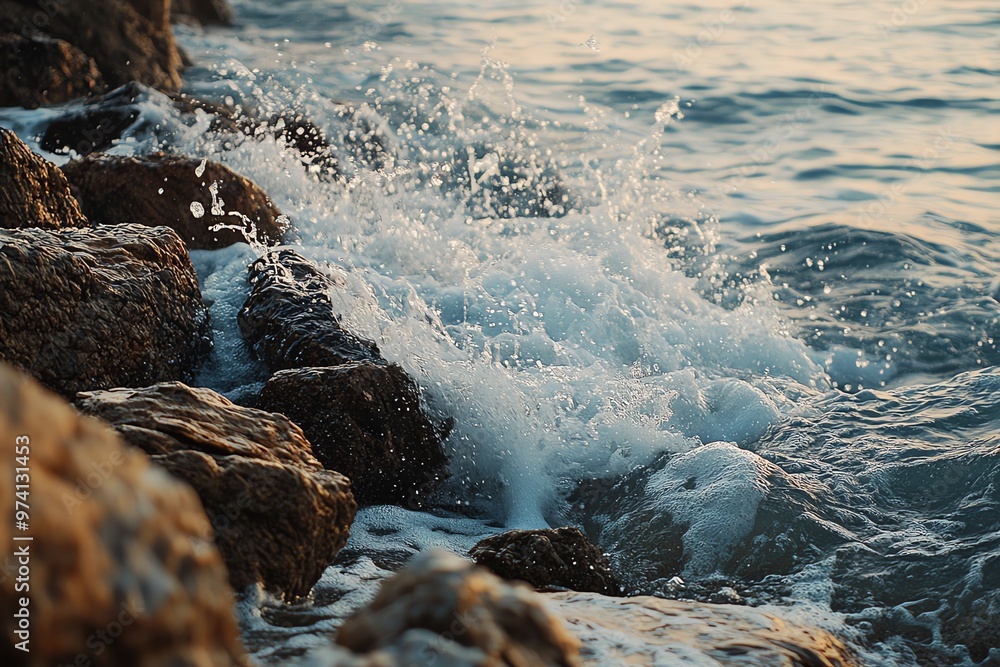 Obraz premium Waves crashing on rocks at the beach, creating a splash of water.