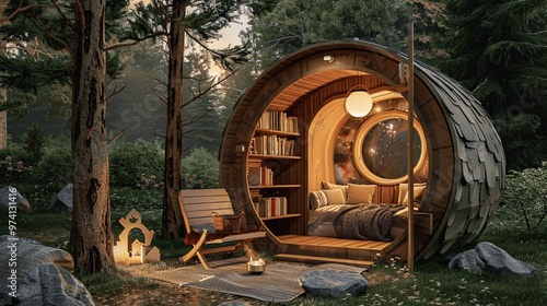 Cozy Wooden Cabin in Forest with Bookshelf and Starry Sky Window