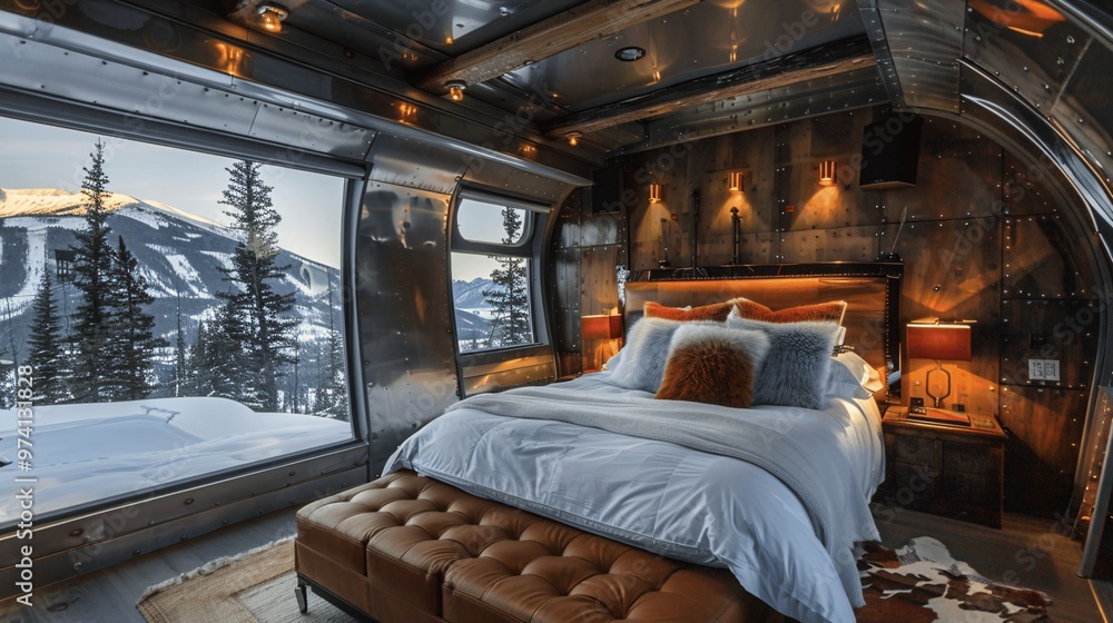 Modern Cabin Bedroom with Mountain View and Rustic Decor Modern Cabin Bedroom with Mountain View and Rustic Decor