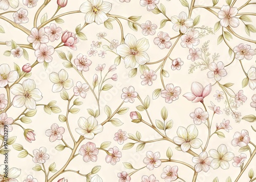 Delicate floral patterns of blooming cherry blossoms and intertwined vines delicately rendered in minimalist line