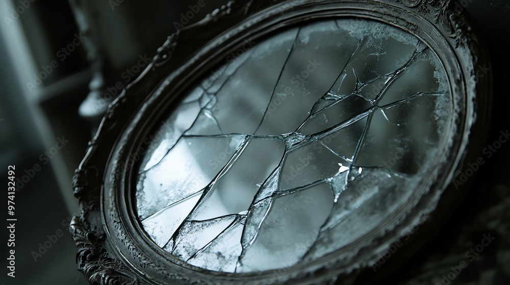 A close-up of a shattered antique mirror, reflecting a haunting ambiance and a sense of lost beauty and forgotten memories. A close-up of a shattered antique mirror, reflecting a haunting ambiance and a sense of lost beauty and forgotten memories.