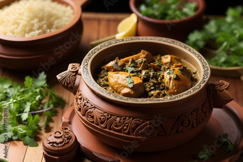 Traditional Indian curry chicken as close-up in a Korai
 photo