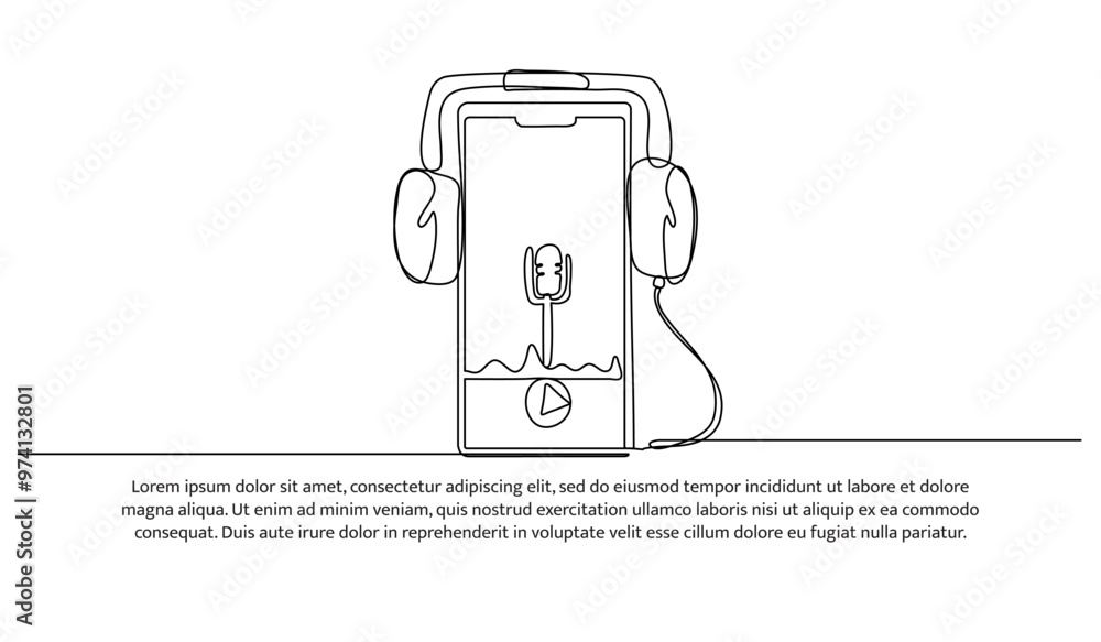 Continuous one line design of headset and microphone for podcast. Minimalist style vector illustration on white background. Continuous one line design of headset and microphone for podcast. Minimalist style vector illustration on white background.
