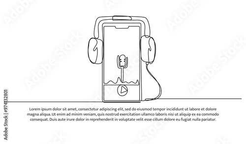 Continuous one line design of headset and microphone for podcast. Minimalist style vector illustration on white background.