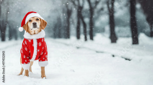 Festive dog wearing a Santa hat and coat, standing proudly in the snow on a winter day