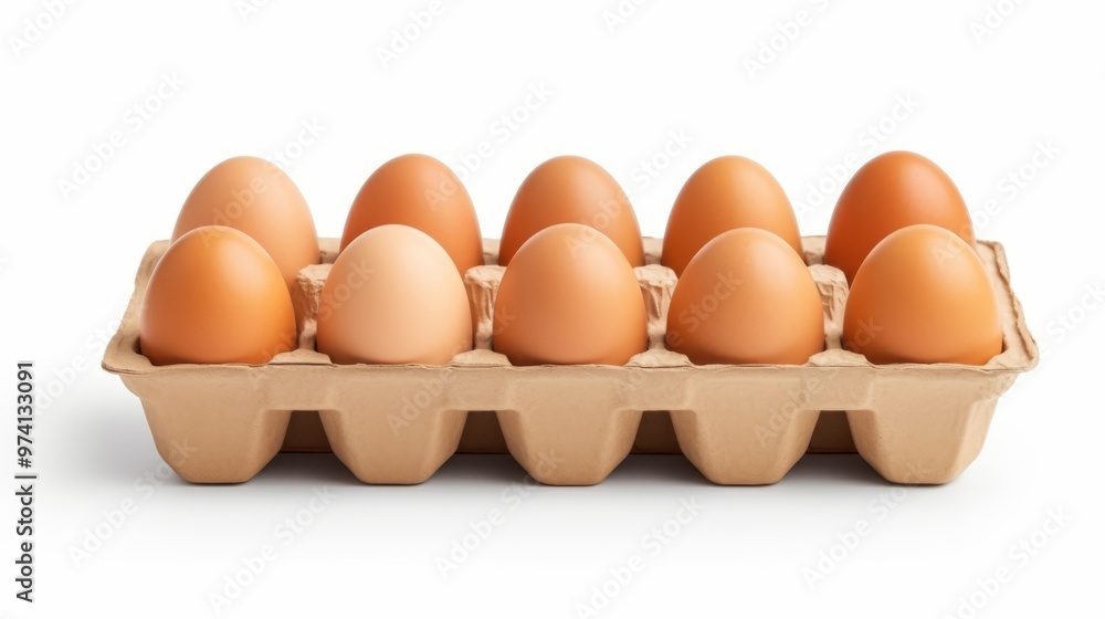 Fresh organic brown eggs in an open carton on a white background with ample copy space Fresh organic brown eggs in an open carton on a white background with ample copy space