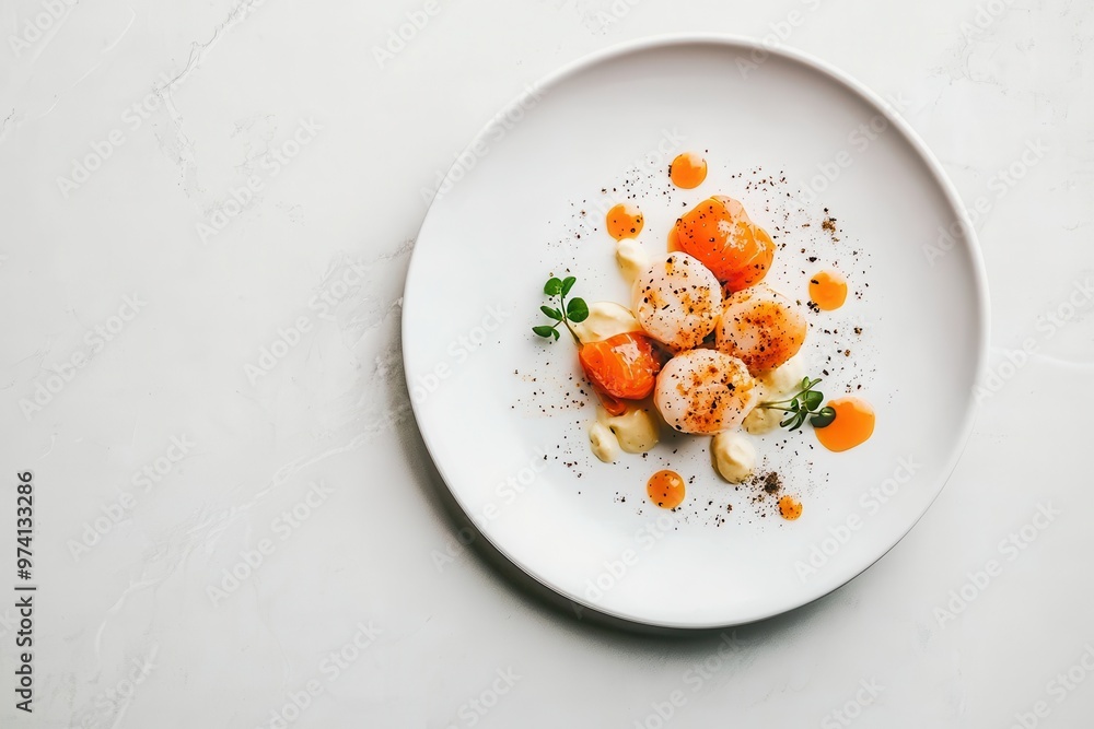 A beautifully plated dish featuring scallops, orange sauce, and garnishes.