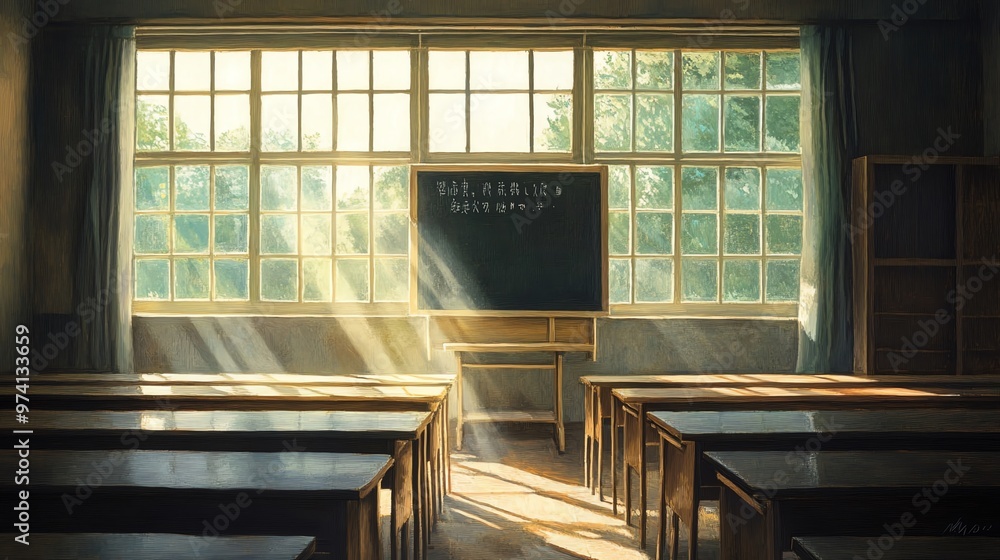 Fototapeta premium A tranquil classroom scene with sunlight streaming through windows, illuminating desks and a chalkboard, evoking a peaceful learning atmosphere.