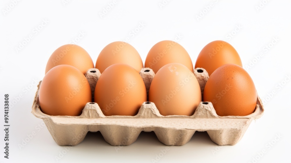 Fresh organic chicken eggs in an open carton on a white background with ample copy space Fresh organic chicken eggs in an open carton on a white background with ample copy space