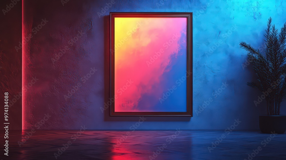 Vibrant abstract painting in a dark, neon-lit room, creating a striking contrast. A modern, artistic scene perfect for creative design mockups and artistic inspiration. Vibrant abstract painting in a dark, neon-lit room, creating a striking contrast. A modern, artistic scene perfect for creative design mockups and artistic inspiration.