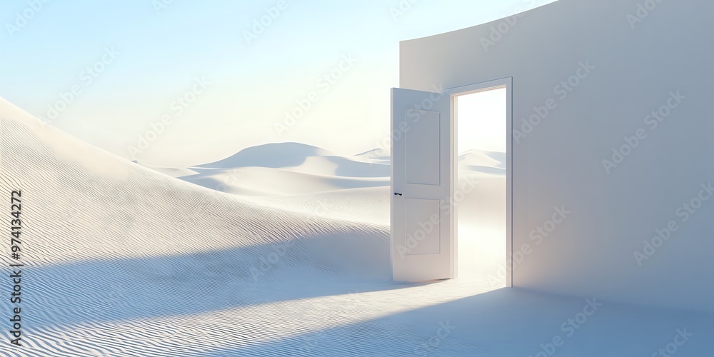 A white door opens to reveal a vast white desert landscape, representing the path to new beginnings. A white door opens to reveal a vast white desert landscape, representing the path to new beginnings.